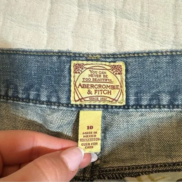 Vintage 90s Abercrombie & Fitch Denim Mini Skirt Dark Wash Raw Hem Sz 10 Y2K - Picture 3 of 9